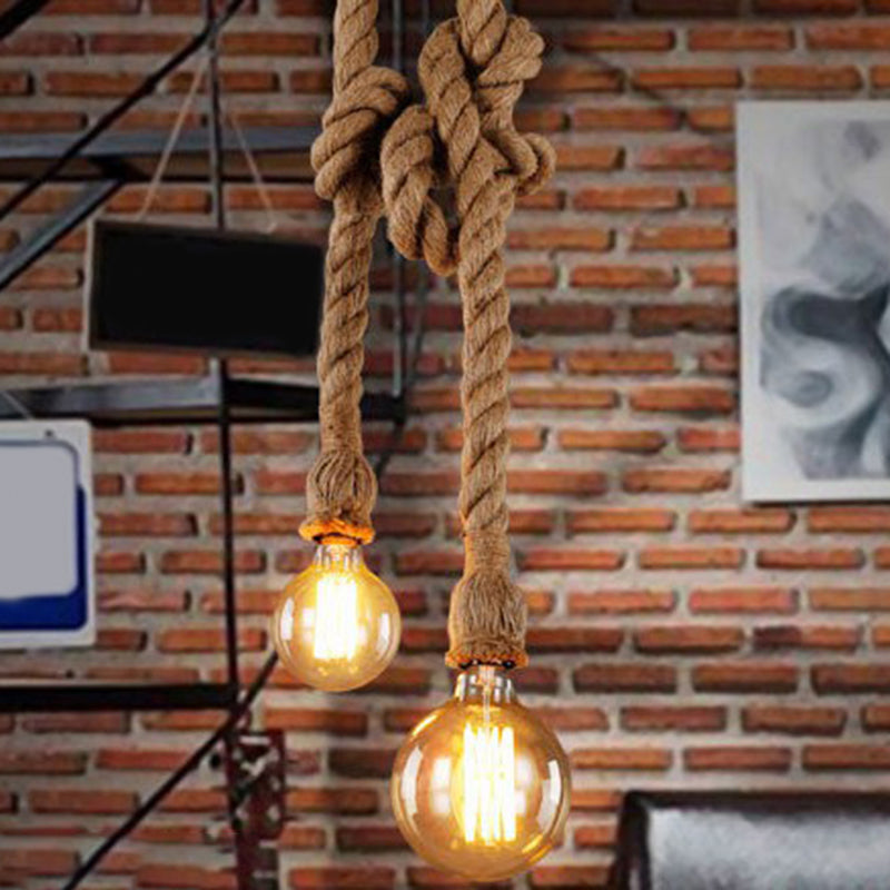 Industrial Hemp Rope Pendant Light with Exposed Bulb in Beige