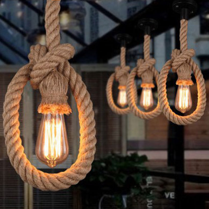 Industrial Hemp Rope Pendant Light with Exposed Bulb in Beige