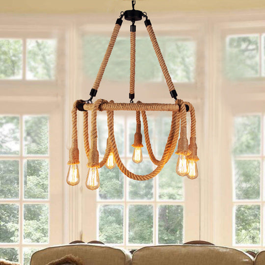 Adjustable Industrial Rope Chandelier - 6 Lights - Beige Ceiling Fixture