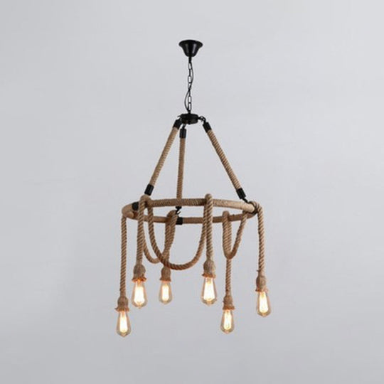 Adjustable Industrial Rope Chandelier - 6 Lights - Beige Ceiling Fixture