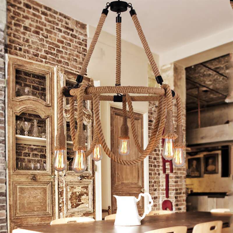 Adjustable Industrial Rope Chandelier - 6 Lights - Beige Ceiling Fixture