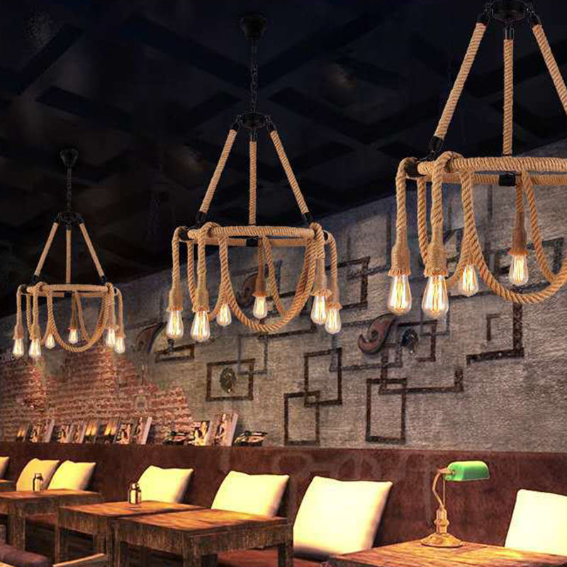 Adjustable Industrial Rope Chandelier - 6 Lights - Beige Ceiling Fixture