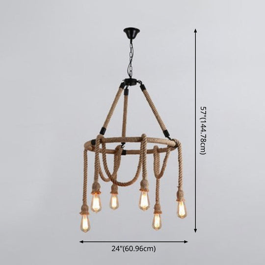 Adjustable Industrial Rope Chandelier - 6 Lights - Beige Ceiling Fixture