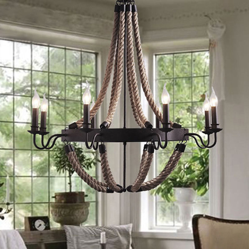 Circular Black Metal Ring Pendant Light with Rope Hanging - Industrial Ceiling Fixture