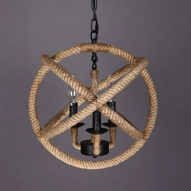 Coastal Black Pendant Lights With Rope-Wrapped Hoops: Candle Chandelier 3 /