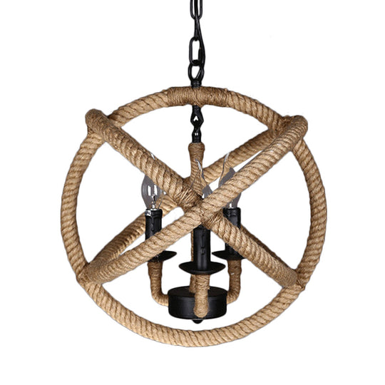 Coastal Black Pendant Lights With Rope-Wrapped Hoops: Candle Chandelier