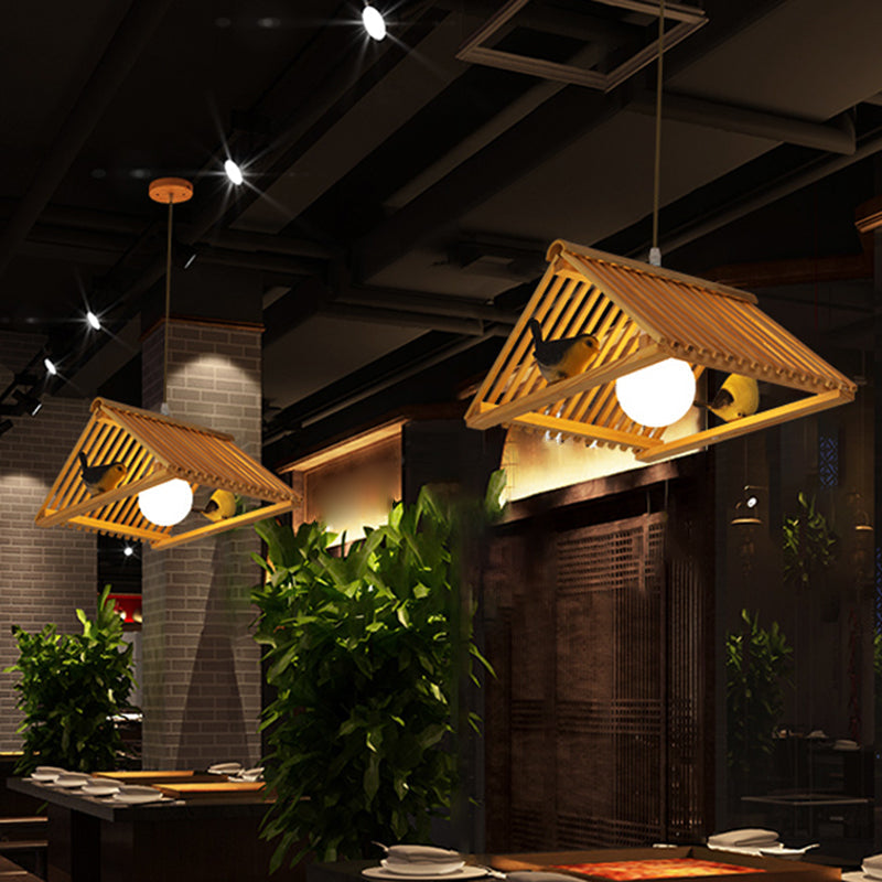 Wooden Asian Triangle Island Pendant Light In Natural Wood Finish