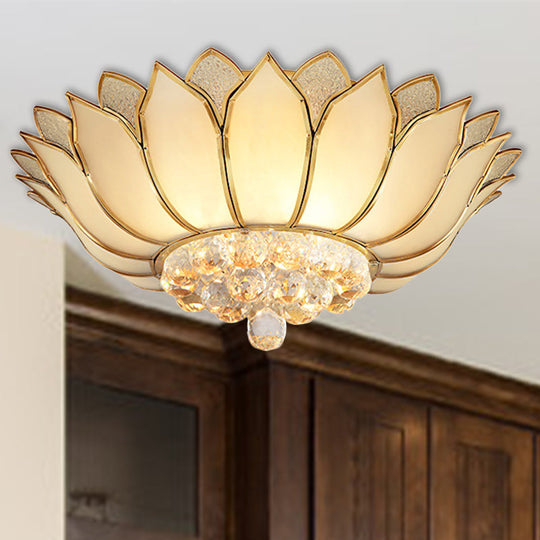 Golden Lotus Flush Mount Light - Traditional Glass Ceiling Lamp With Crystal Drop