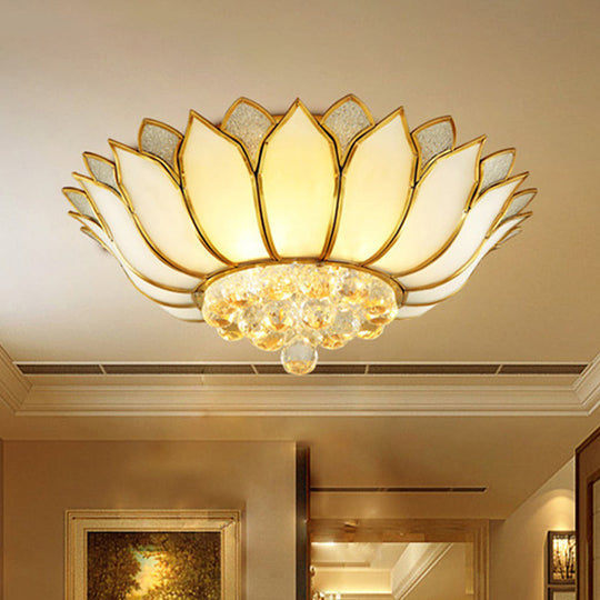 Golden Lotus Flush Mount Light - Traditional Glass Ceiling Lamp With Crystal Drop