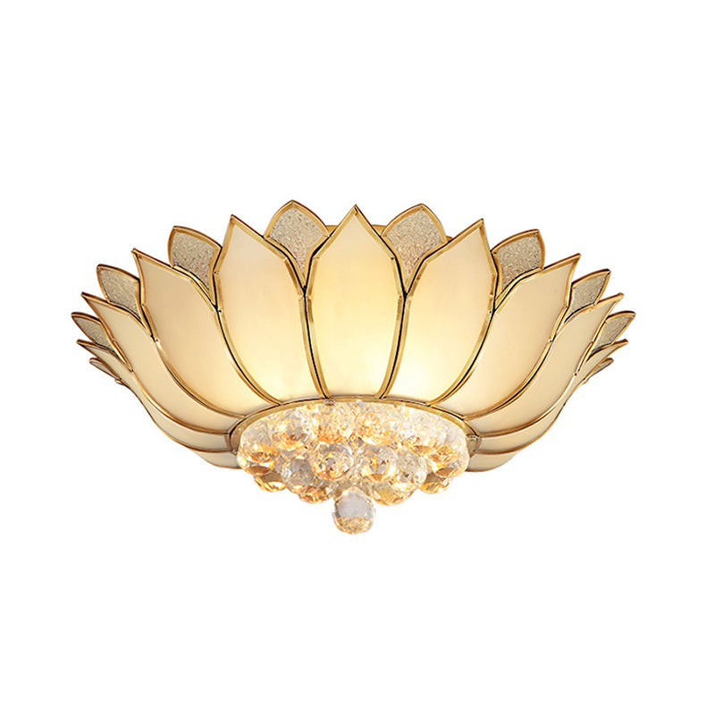 Golden Lotus Flush Mount Light - Traditional Glass Ceiling Lamp With Crystal Drop