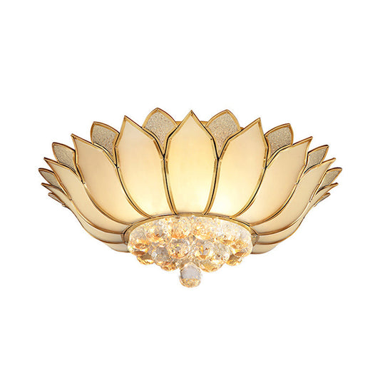 Golden Lotus Flush Mount Light - Traditional Glass Ceiling Lamp With Crystal Drop