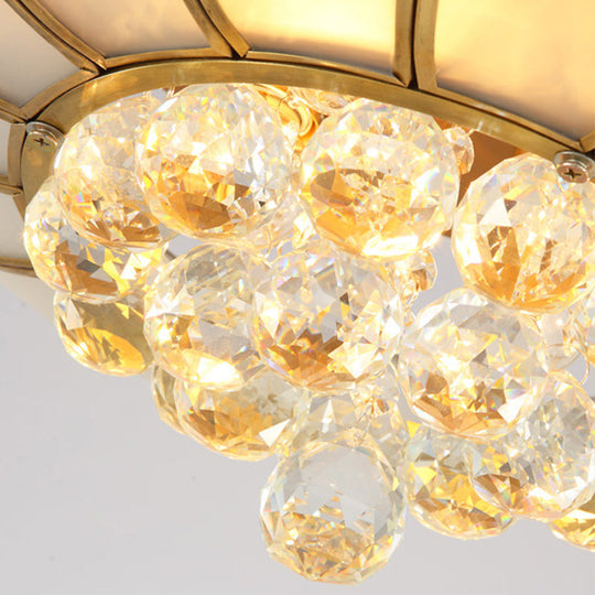 Golden Lotus Flush Mount Light - Traditional Glass Ceiling Lamp With Crystal Drop