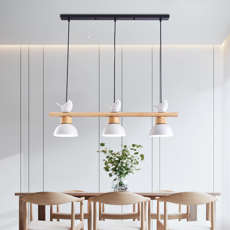 Nordic Style 3-Light Wood Bowl Pendant With Metal Shades For Island Lighting