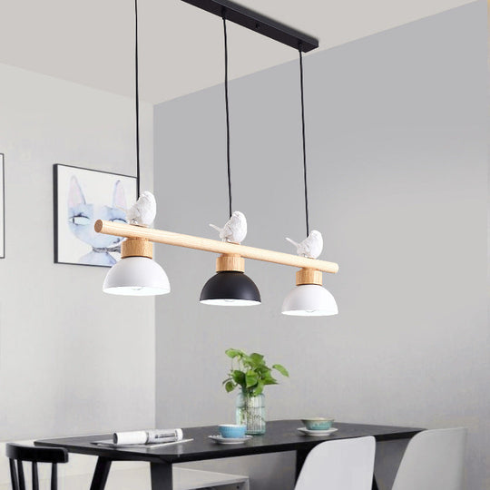 Nordic Style 3-Light Wood Bowl Pendant With Metal Shades For Island Lighting