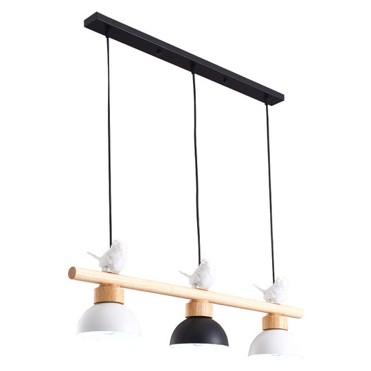 Nordic Style 3-Light Wood Bowl Pendant With Metal Shades For Island Lighting