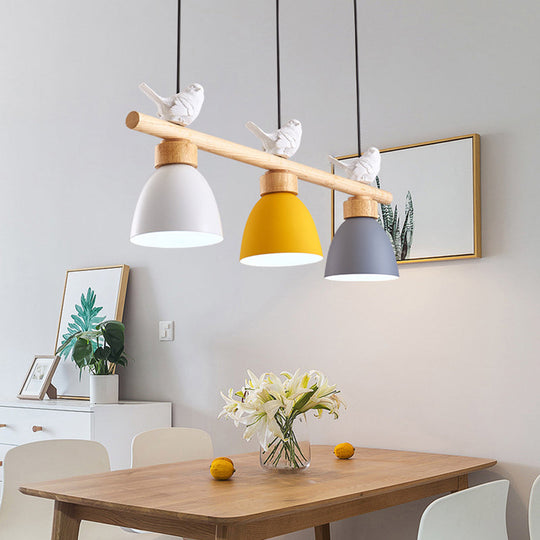 Wood & Metal Macaron Bowl Pendant Light With 3 Lights For Island Electric Socket