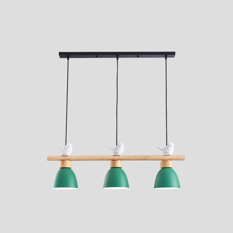 Wood & Metal Macaron Bowl Pendant Light With 3 Lights For Island Electric Socket Green