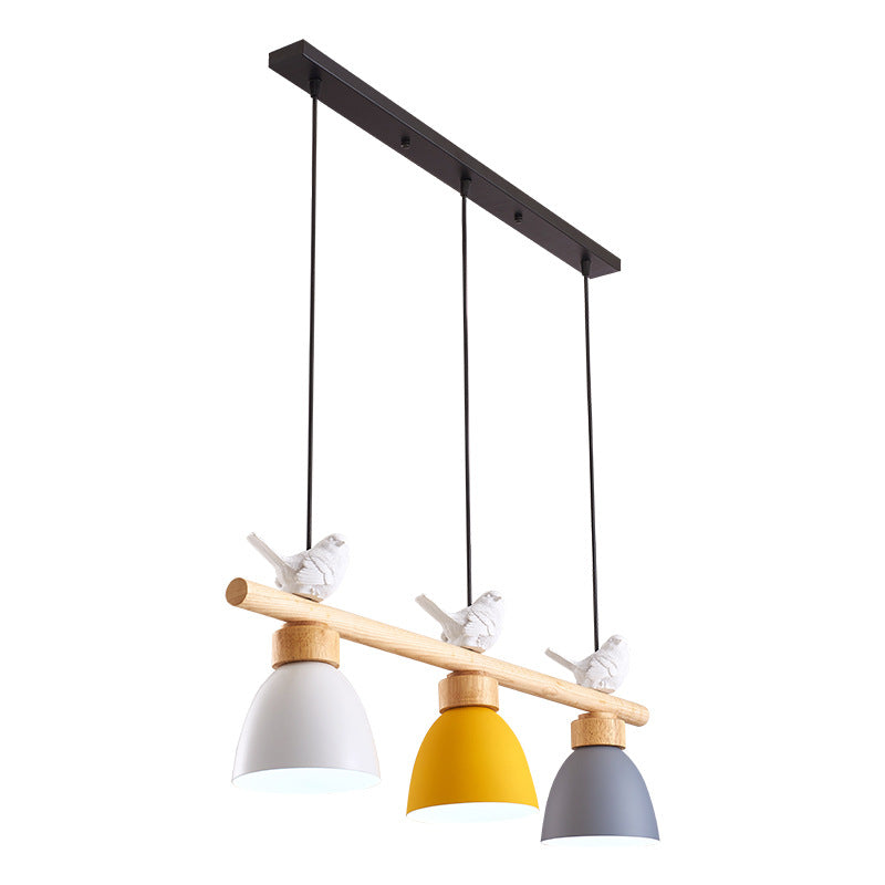 Wood & Metal Macaron Bowl Pendant Light With 3 Lights For Island Electric Socket