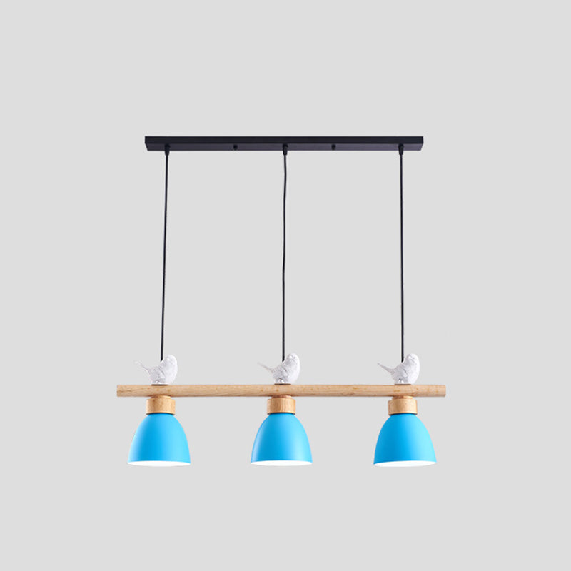 Wood & Metal Macaron Bowl Pendant Light With 3 Lights For Island Electric Socket Blue