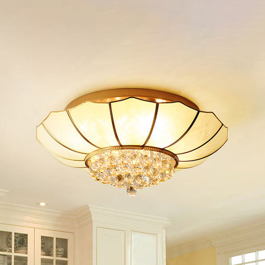 Contemporary 4/6-Light White Flared Ceiling Flush Mount with Ribbed Glass and Crystal Finial