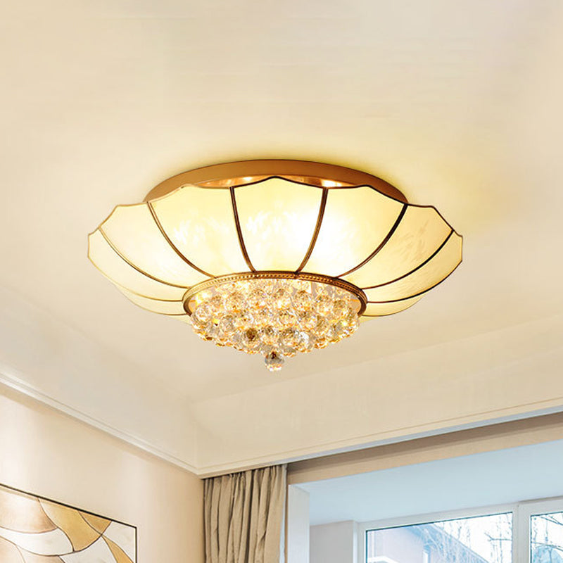 Contemporary 4/6-Light White Flared Ceiling Flush Mount with Ribbed Glass and Crystal Finial