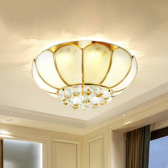 Modern White Glass Flower Flush Mount Light With Crystal Ball Finial - Ideal For Living Room Ceiling