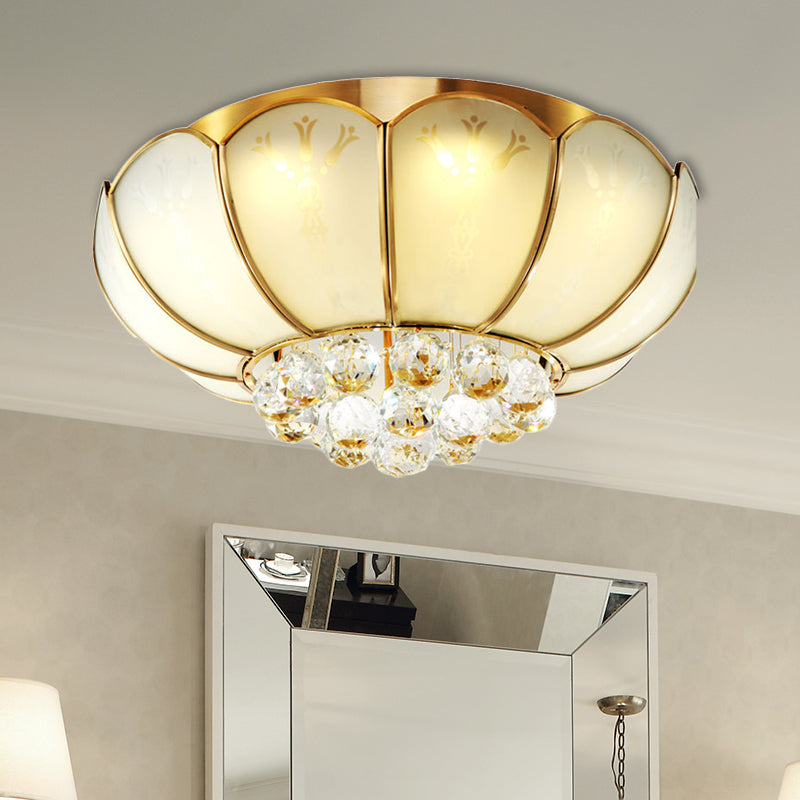 Modern White Glass Flower Flush Mount Light With Crystal Ball Finial - Ideal For Living Room Ceiling