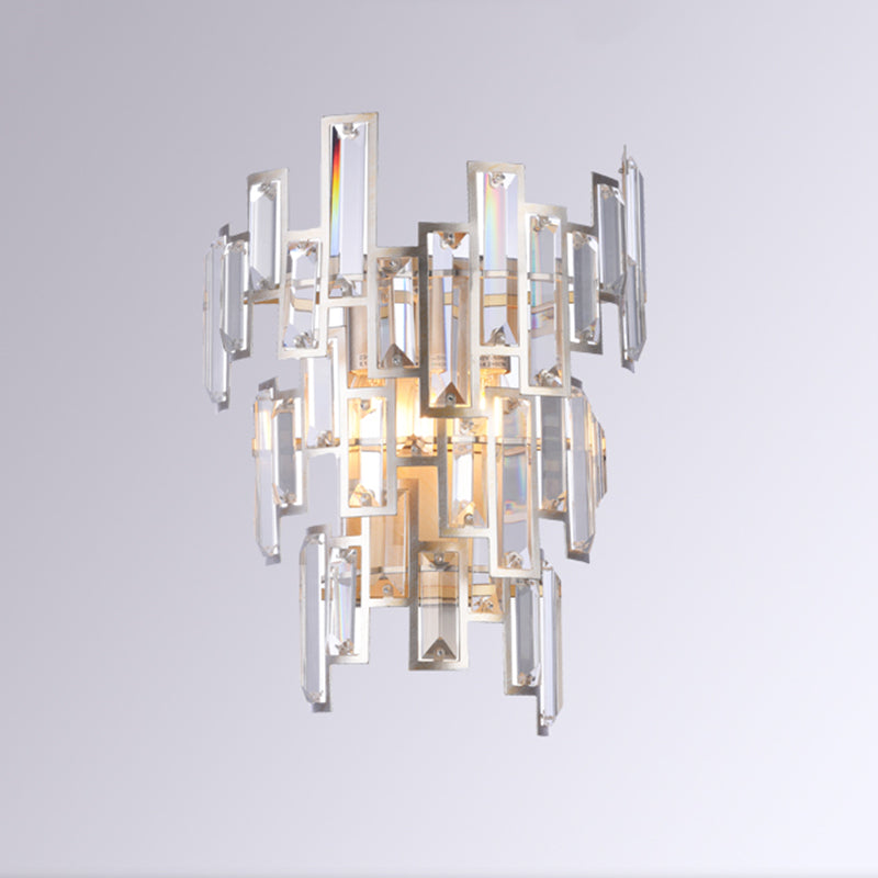 Modern Rose Gold Crystal Wall Sconce With Rectangular-Cut Tier Design For Dining Room