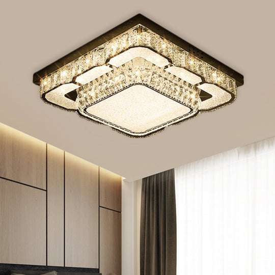 Modern LED Ceiling Lamp with Crystal Block Shade - Chrome Flushmount Lighting