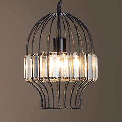 Black Geometric Metal Cage Pendant Light with Crystal Block