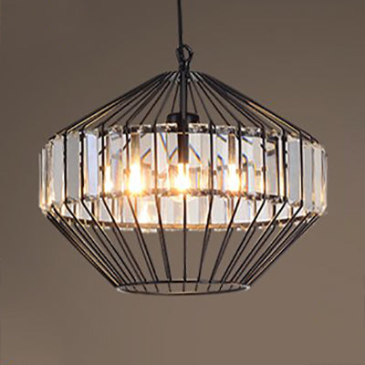 Black Geometric Metal Cage Pendant Light with Crystal Block