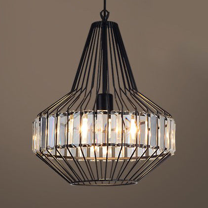 Black Geometric Metal Cage Pendant Light with Crystal Block