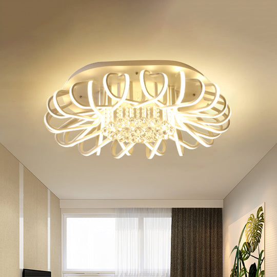 Plafonnier LED blanc moderne avec boule en cristal transparent - Luminaires encastrés ovales en acrylique, options de largeur de 19,5" et 24,5"