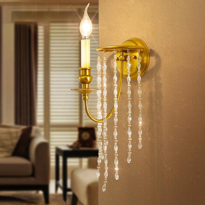 Modern Gold Sconce Light: 1/2 Lights Corridor Wall Lamp With Elegant Metal Candle Design And Crystal