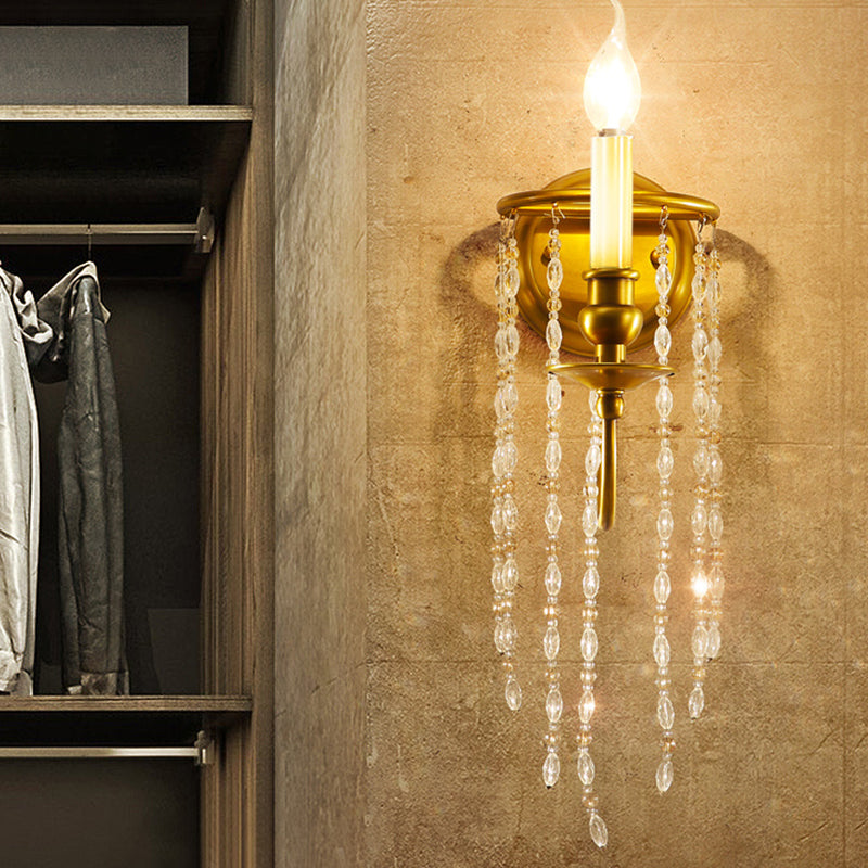 Modern Gold Sconce Light: 1/2 Lights Corridor Wall Lamp With Elegant Metal Candle Design And Crystal