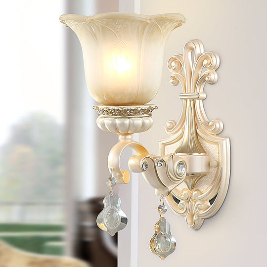 Traditional White Glass Wall Mount Sconce Light With Crystal Drop - 1/2 Lights For Hallways