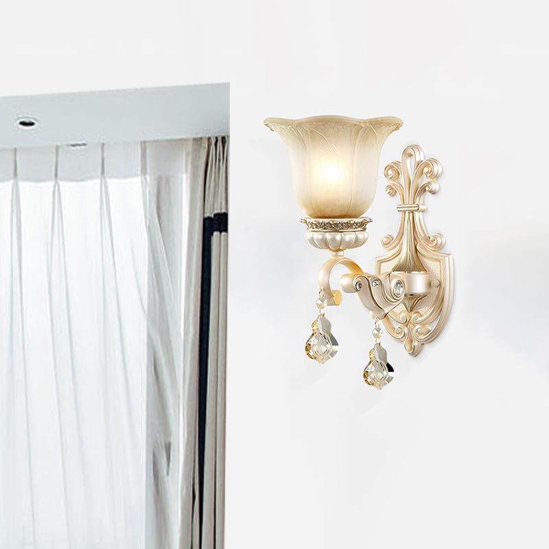 Traditional White Glass Wall Mount Sconce Light With Crystal Drop - 1/2 Lights For Hallways