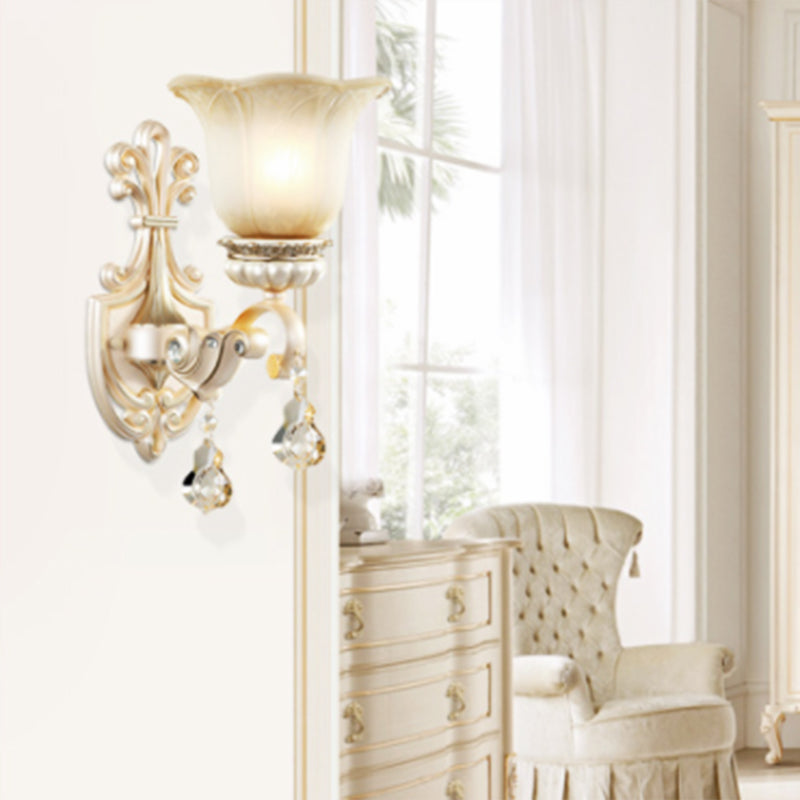 Traditional White Glass Wall Mount Sconce Light With Crystal Drop - 1/2 Lights For Hallways