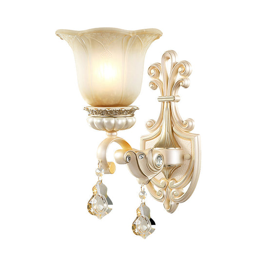 Traditional White Glass Wall Mount Sconce Light With Crystal Drop - 1/2 Lights For Hallways