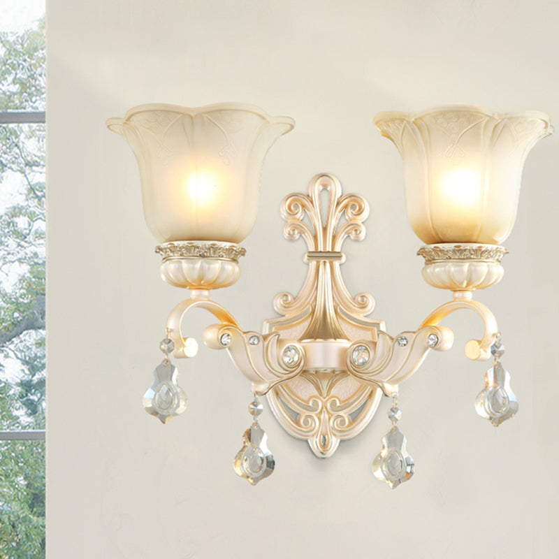 Traditional White Glass Wall Mount Sconce Light With Crystal Drop - 1/2 Lights For Hallways 2 /