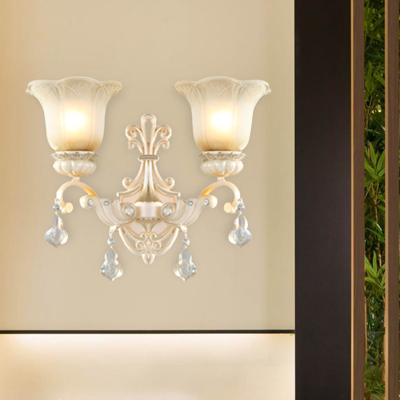 Traditional White Glass Wall Mount Sconce Light With Crystal Drop - 1/2 Lights For Hallways