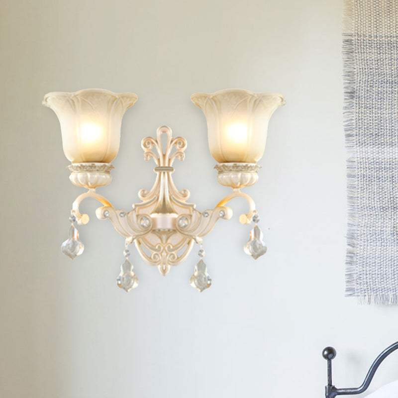 Traditional White Glass Wall Mount Sconce Light With Crystal Drop - 1/2 Lights For Hallways