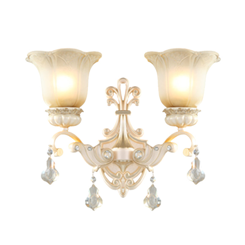 Traditional White Glass Wall Mount Sconce Light With Crystal Drop - 1/2 Lights For Hallways