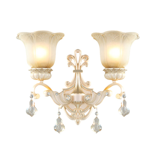 Traditional White Glass Wall Mount Sconce Light With Crystal Drop - 1/2 Lights For Hallways