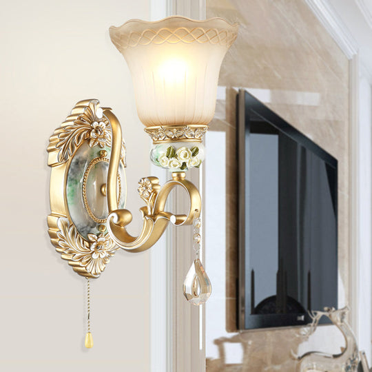 Vintage White Glass Wall Sconce With Gold Scallop Design And 1/2 Lights - Elegant Golden Arm