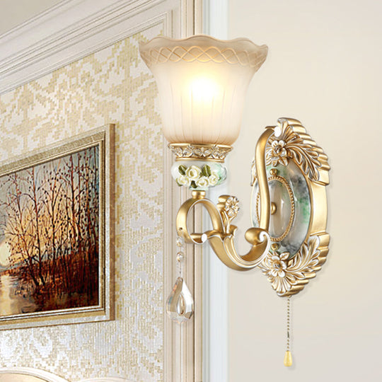 Vintage White Glass Wall Sconce With Gold Scallop Design And 1/2 Lights - Elegant Golden Arm