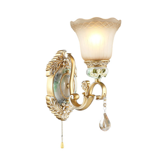 Vintage White Glass Wall Sconce With Gold Scallop Design And 1/2 Lights - Elegant Golden Arm