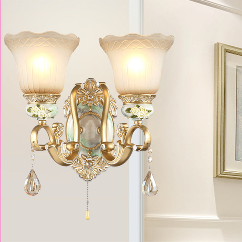 Vintage White Glass Wall Sconce With Gold Scallop Design And 1/2 Lights - Elegant Golden Arm