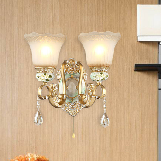 Vintage White Glass Wall Sconce With Gold Scallop Design And 1/2 Lights - Elegant Golden Arm