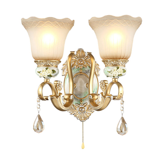 Vintage White Glass Wall Sconce With Gold Scallop Design And 1/2 Lights - Elegant Golden Arm